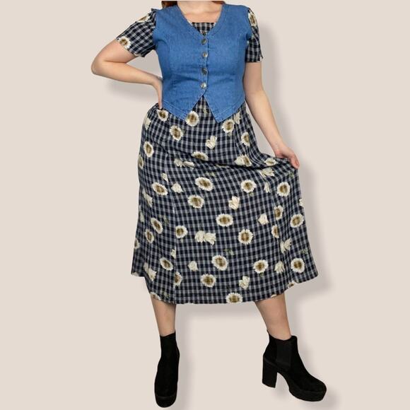 Vintage Croft & Barrow Medium Chambray Plaid Sunflower Layered Vest Midi Dress - Picture 1 of 12